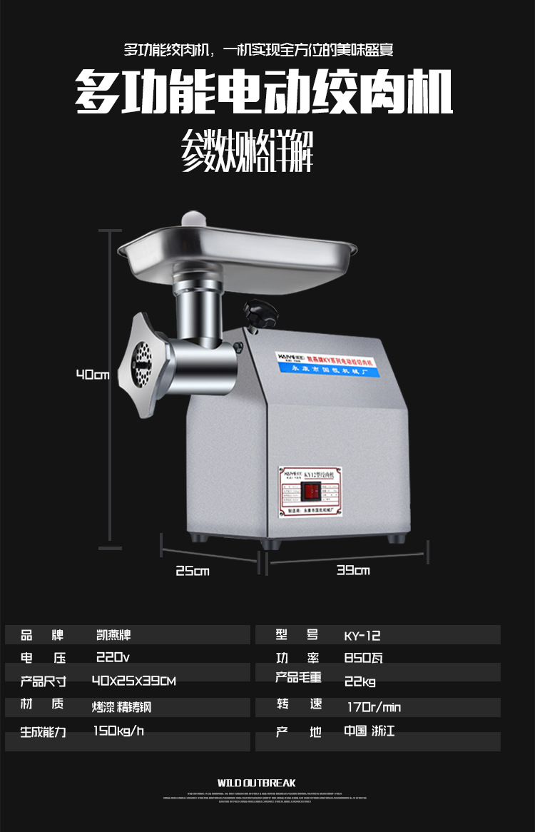 凯燕牌12型绞肉机家用商用电动多功能碎肉机超强动力