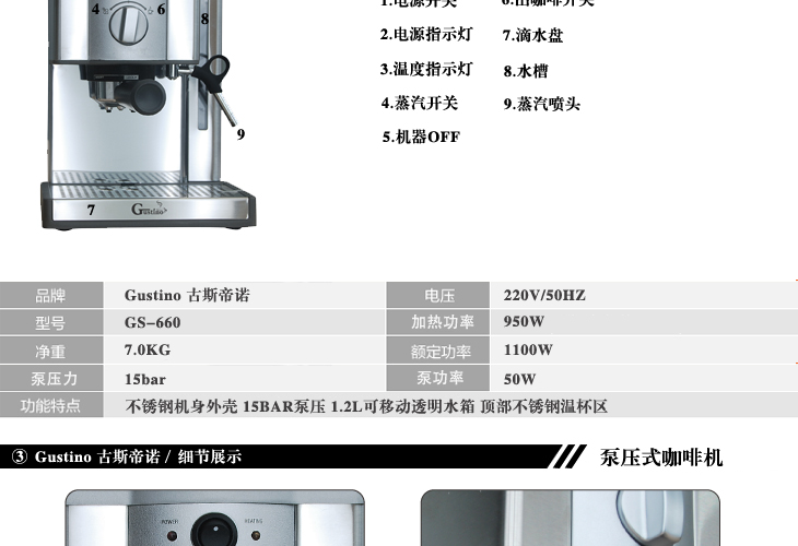 Gustino意式进口泵 半自动高压不锈钢浓缩咖啡机家用商用豪华正品