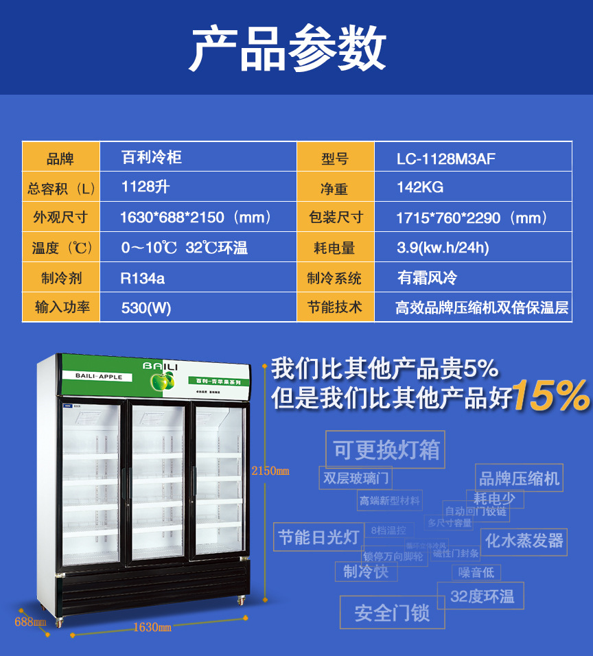 百利冷柜LC-1128M3AF立式展示冰柜 超市保鲜冷藏柜 商用制冷设备