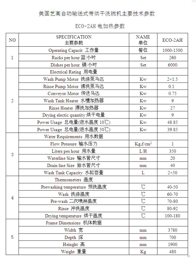 供应ECOLCO美国艺高通道式烘干洗碗机ECO-2AH商用厨房食堂专用