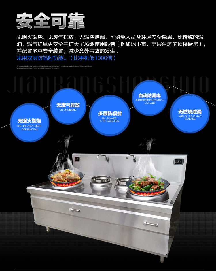 安磁电磁双头双尾小炒灶商用大功率电磁小炒炉15kw酒店饭店凹面炉