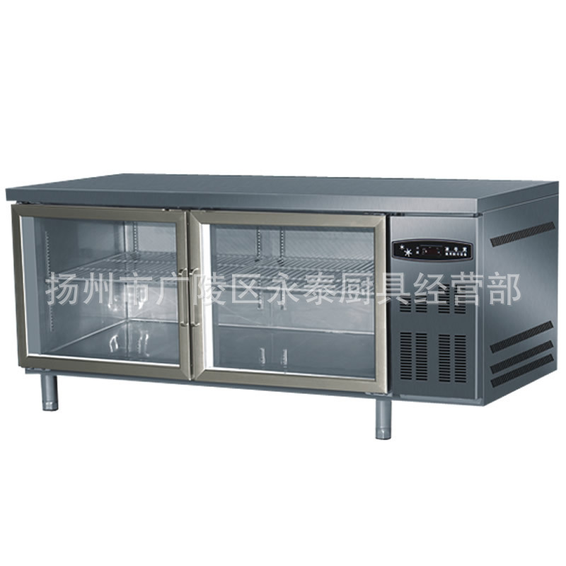 商用厨房平冷操作台玻璃门冷藏工作台 全不锈钢平面保鲜台案板